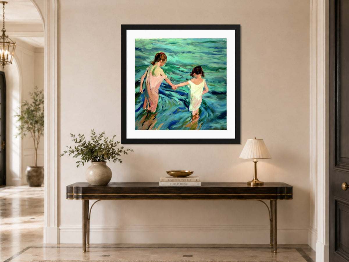 Joaquin Sorolla Print, 001 Niñas_en_el_mar_ Max Size displayed above a console table