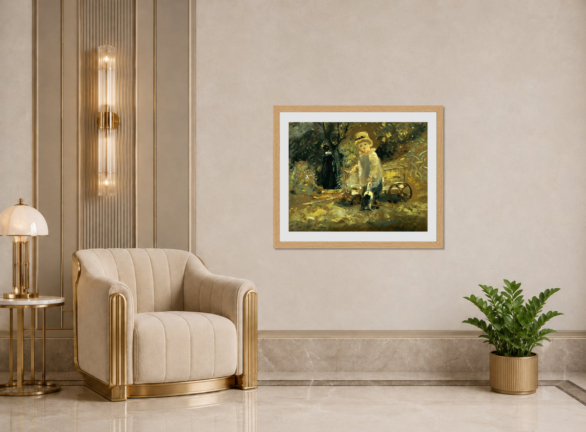 John Constable Print, A Boy With A Toy Cart displayed in an Art Deco interior
