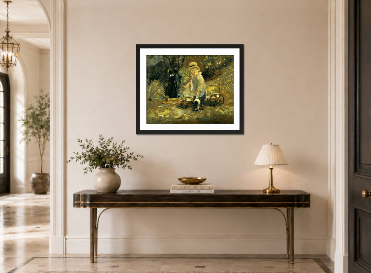 John Constable Print, A Boy With A Toy Cart displayed above a console table