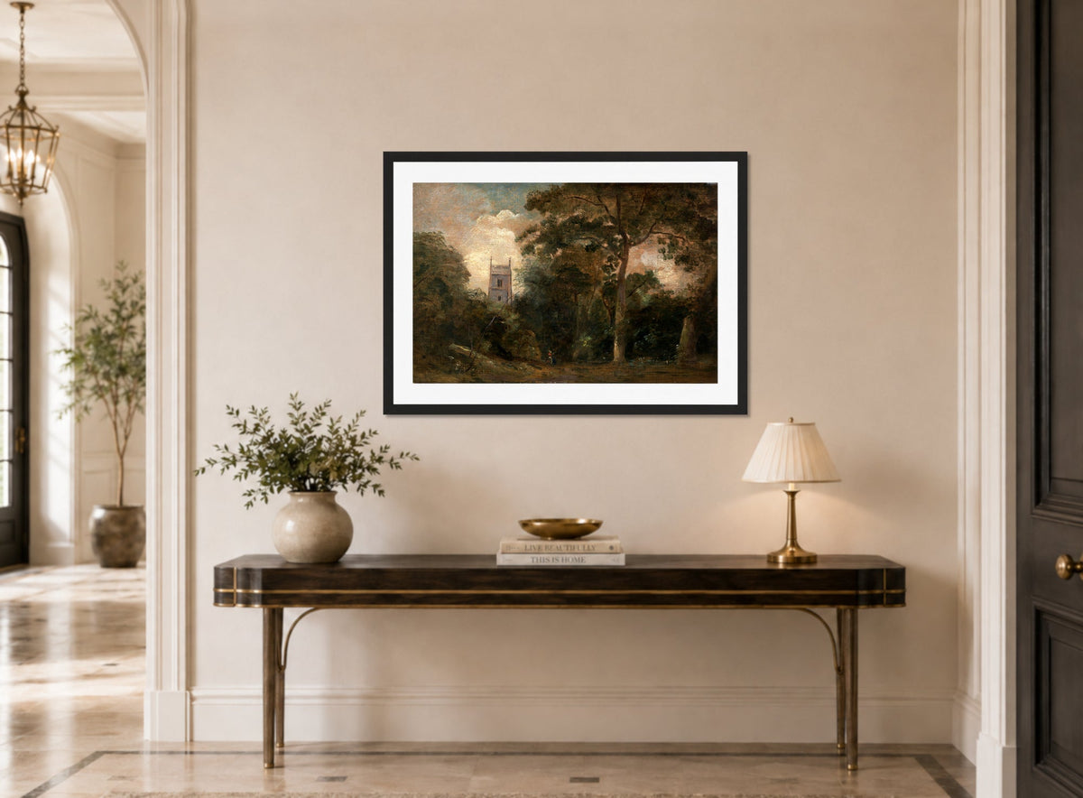 John Constable Print, A Church in the Trees displayed above a console table