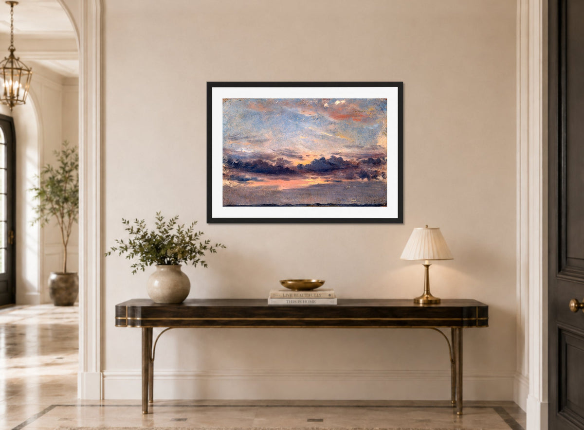 John Constable Print, A Cloud Study, Sunset (ca displayed above a console table