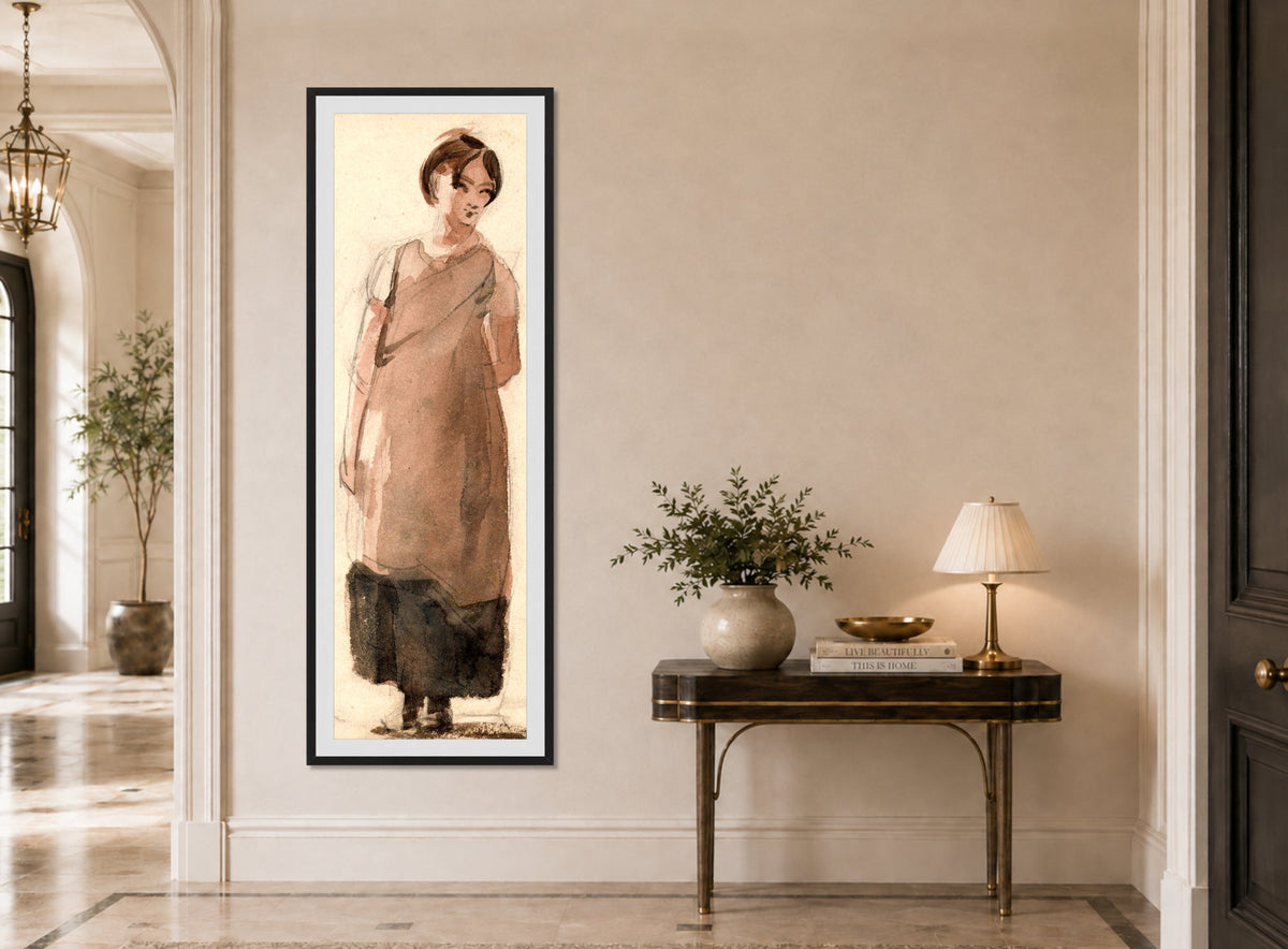 John Constable Print, A Country Girl in the Lake District displayed above a console table