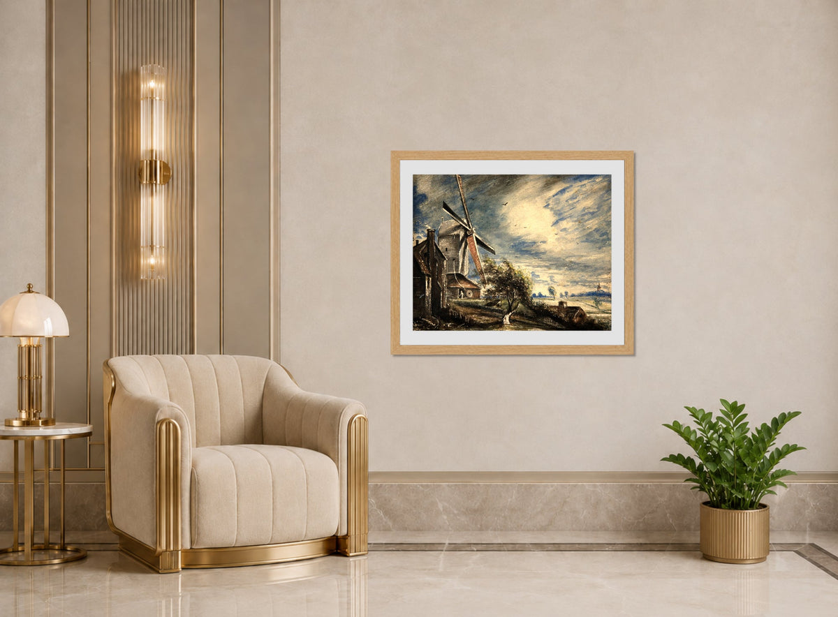 John Constable Print, A Mill Near Colchester (1833) displayed in an Art Deco interior