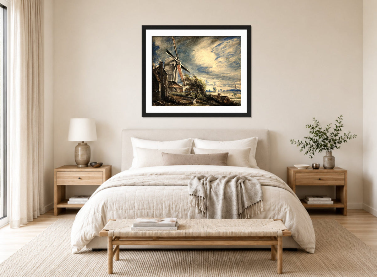 John Constable Print, A Mill Near Colchester (1833) displayed above a bed