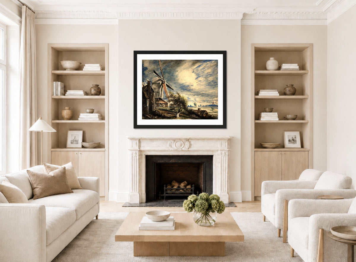 John Constable Print, A Mill Near Colchester (1833) displayed in a Scandinavian living room