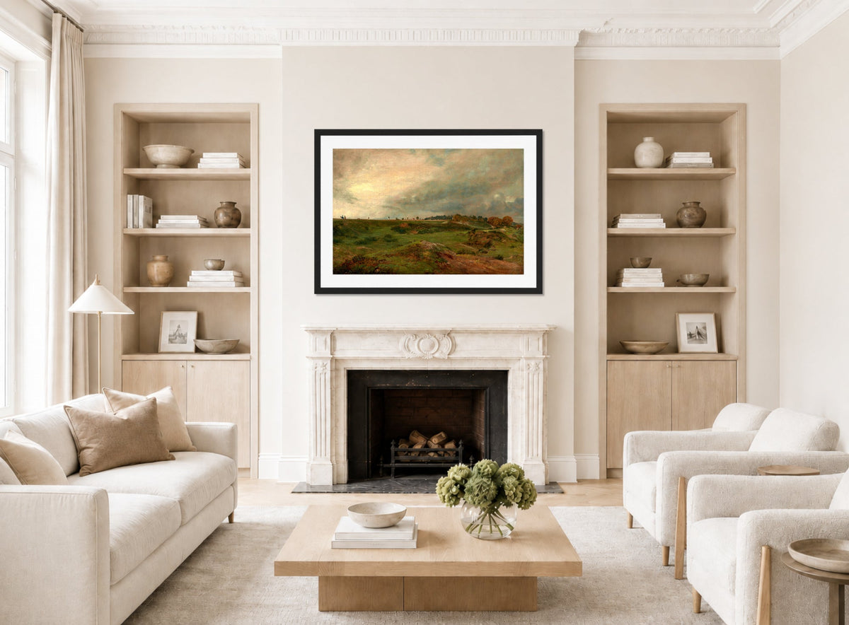 John Constable Print, A Road across Hampstead Heath (ca displayed in a Scandinavian living room