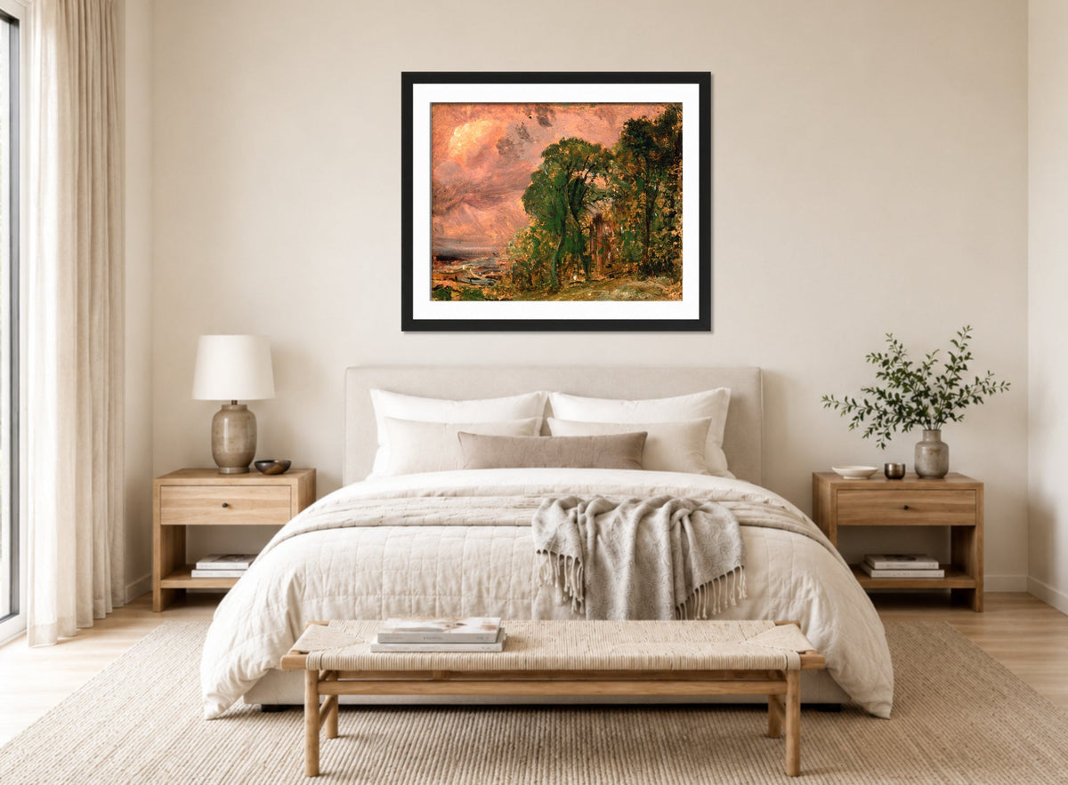 John Constable Print, A View at Hampstead with Stormy Weather (ca displayed above a bed