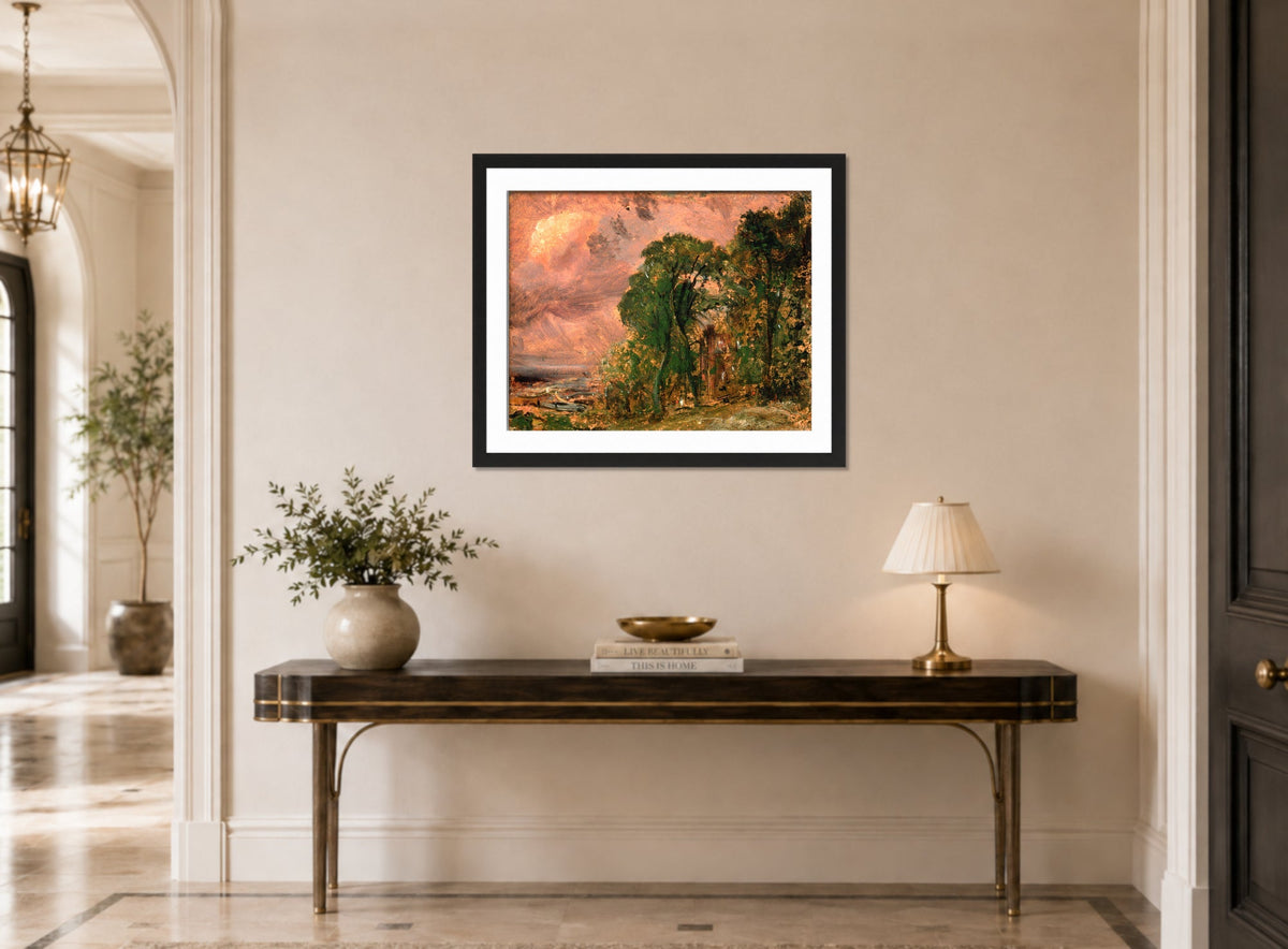 John Constable Print, A View at Hampstead with Stormy Weather (ca displayed above a console table