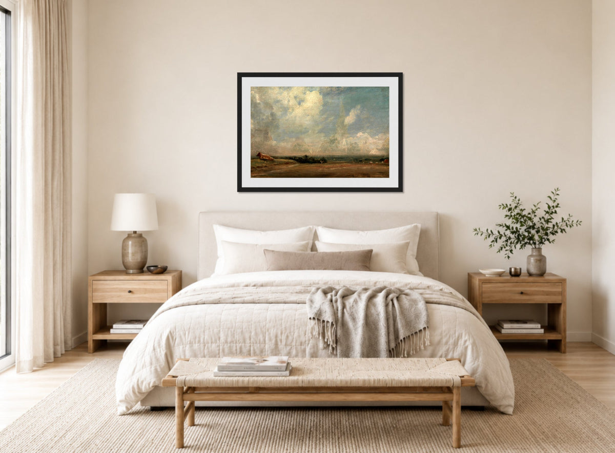John Constable Print, A View from Hampstead Heath (ca displayed above a bed