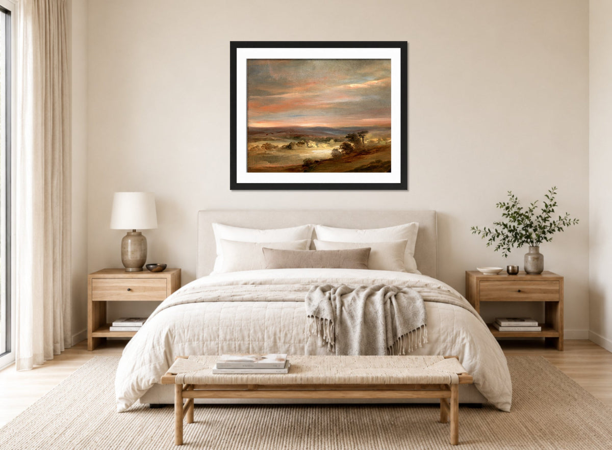 John Constable Print, A View on Hampstead Heath, Early Morning displayed above a bed