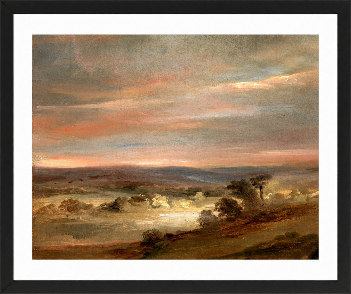 John Constable Print, A View on Hampstead Heath, Early Morning in a black frame