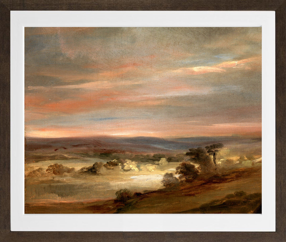John Constable Print, A View on Hampstead Heath, Early Morning in a brown frame