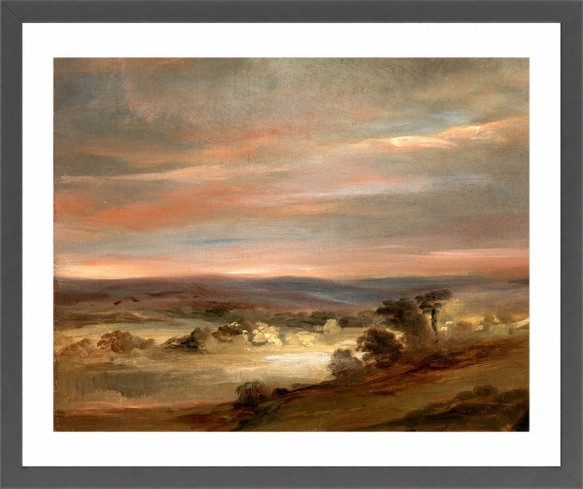 John Constable Print, A View on Hampstead Heath, Early Morning in a dark grey frame