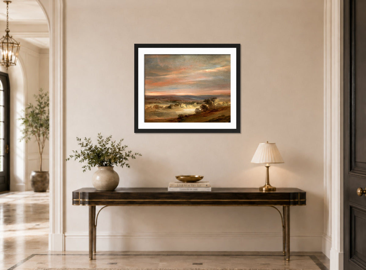 John Constable Print, A View on Hampstead Heath, Early Morning displayed above a console table