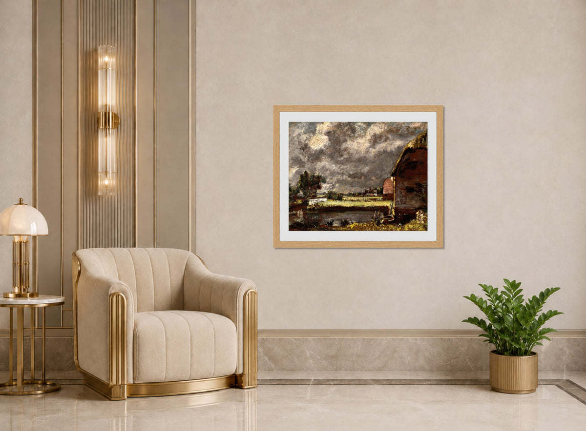 John Constable Print, A View on the Banks of the River Stour displayed in an Art Deco interior