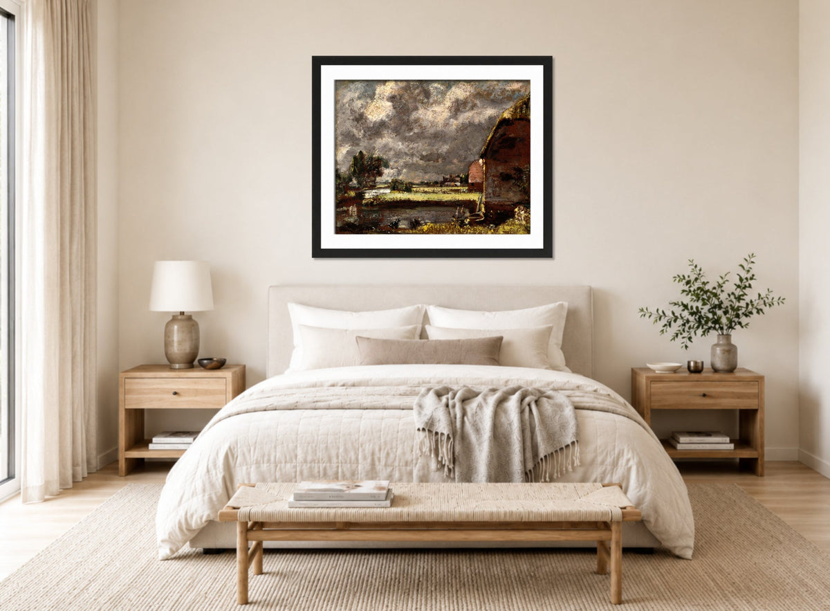 John Constable Print, A View on the Banks of the River Stour displayed above a bed