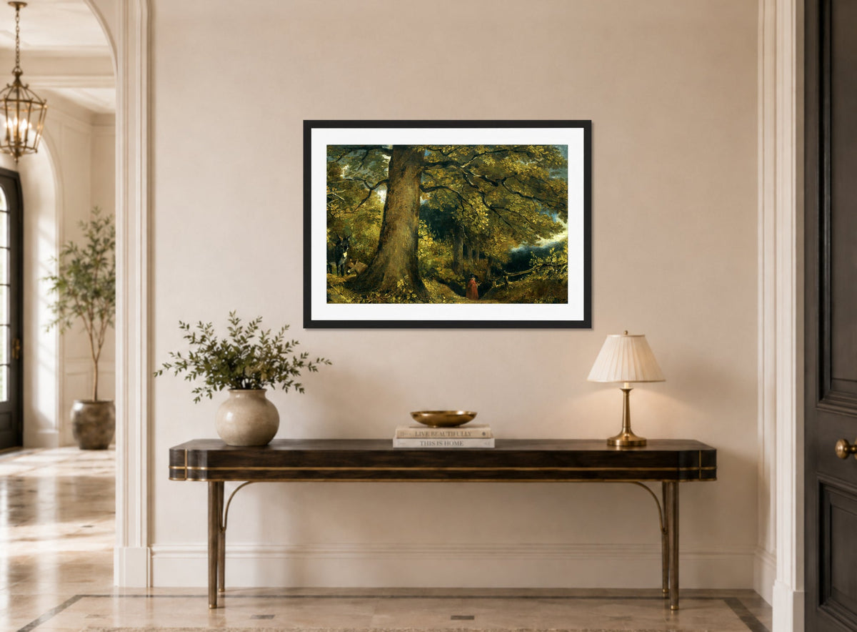 John Constable Print, A Young Girl In A Woodland Landscape displayed above a console table