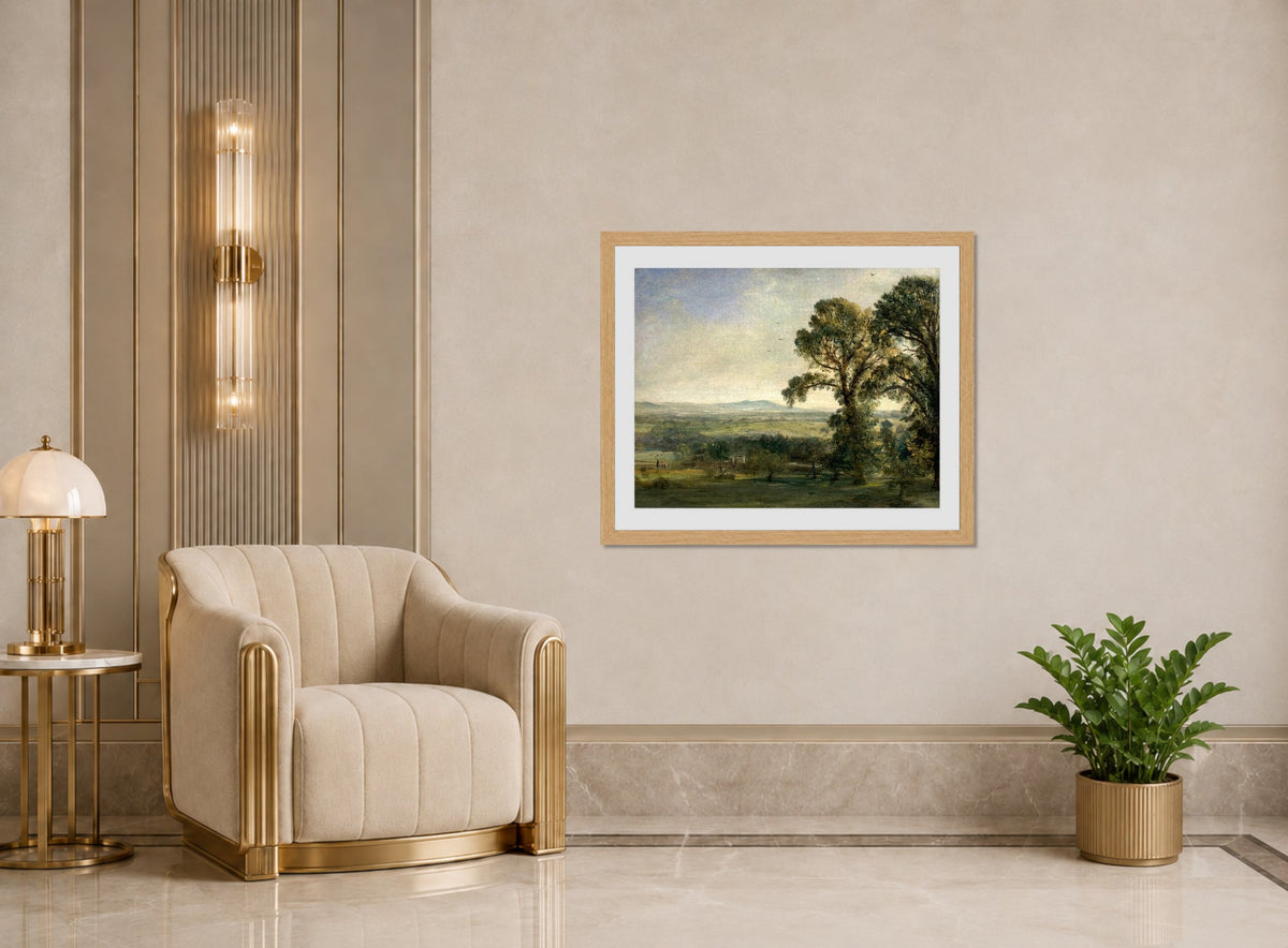 John Constable Print, Bardon Hill, Coleorton Hall (ca displayed in an Art Deco interior