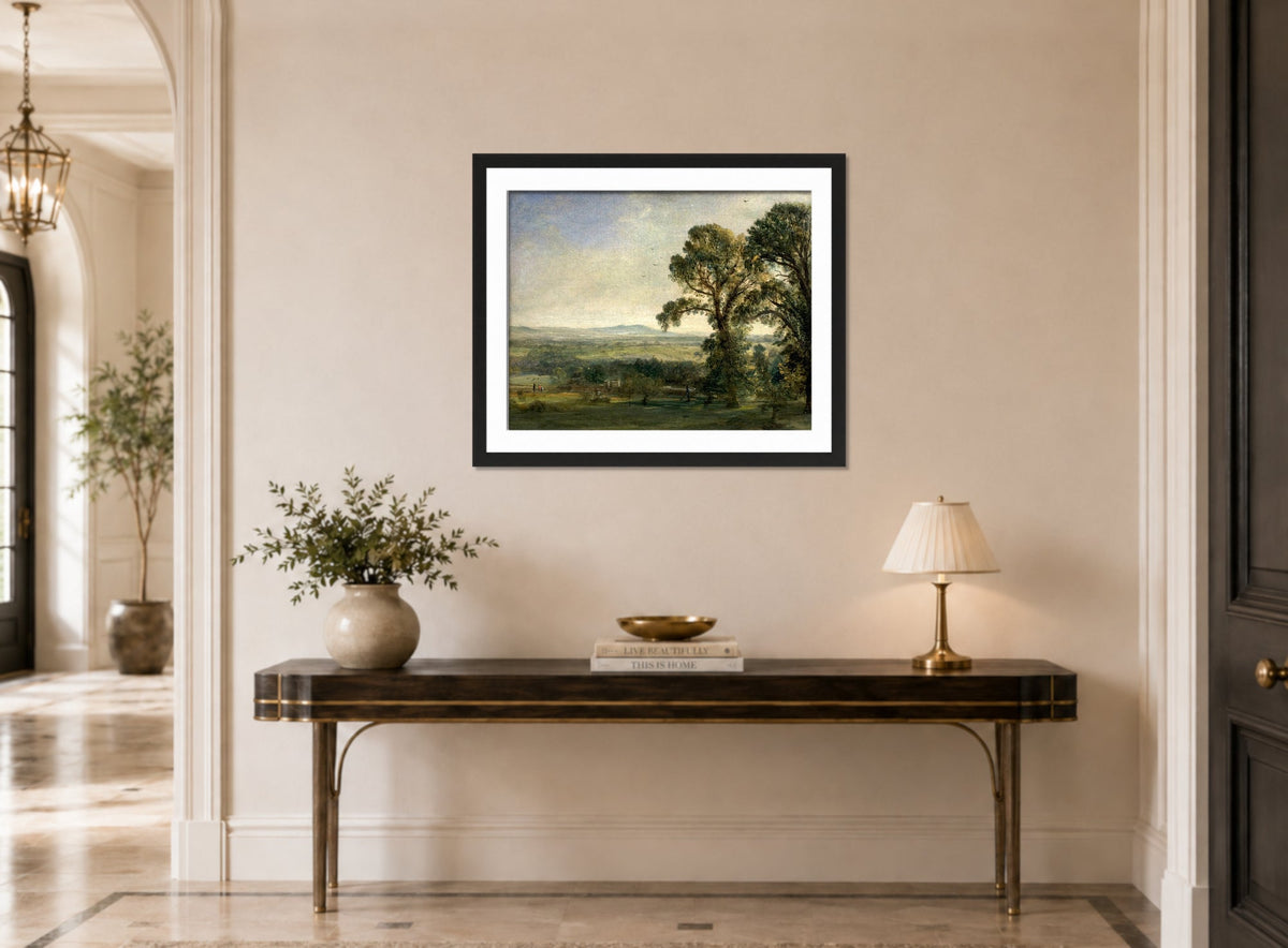 John Constable Print, Bardon Hill, Coleorton Hall (ca displayed above a console table