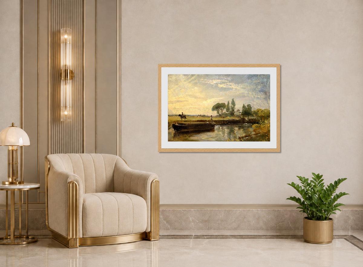 John Constable Print, Barge below Flatford Lock (ca displayed in an Art Deco interior