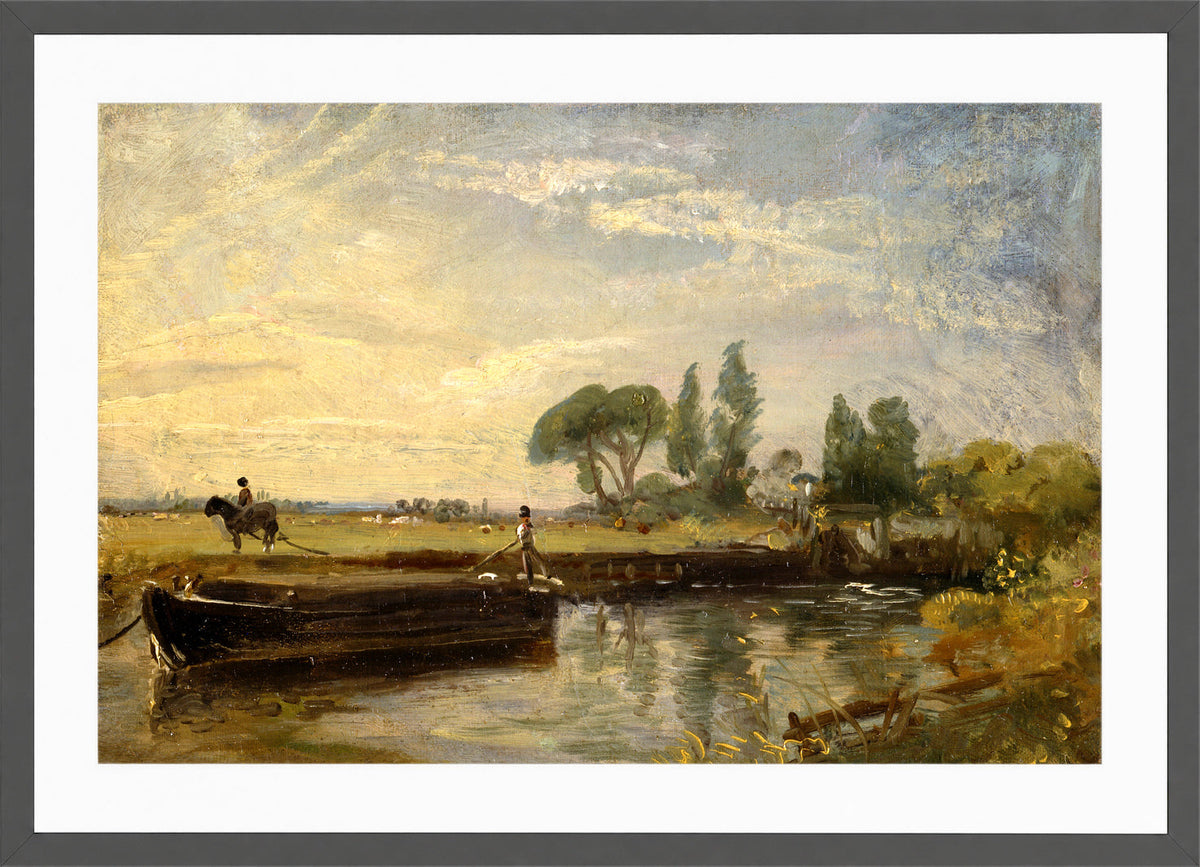 John Constable Print, Barge below Flatford Lock (ca in a dark grey frame