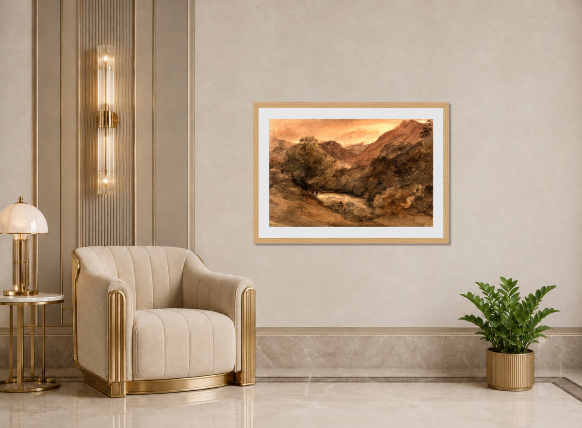 John Constable Print, Borrowdale- Evening after a Fine Day, 1 October 1806 displayed in an Art Deco interior