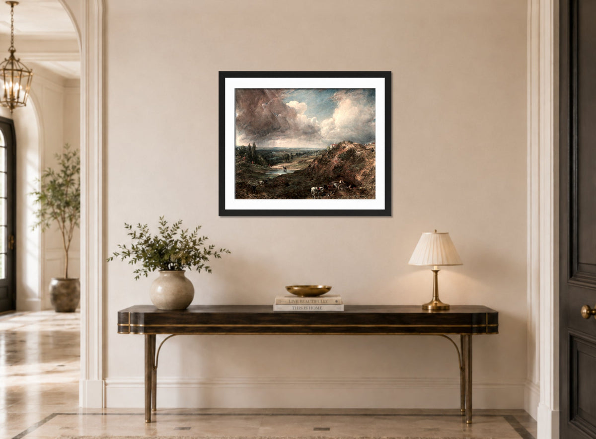 John Constable Print, Branch Hill Pond, Hampstead (1828) displayed above a console table