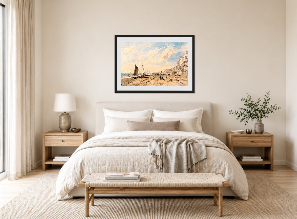 John Constable Print, Brighton Beach Looking West displayed above a bed