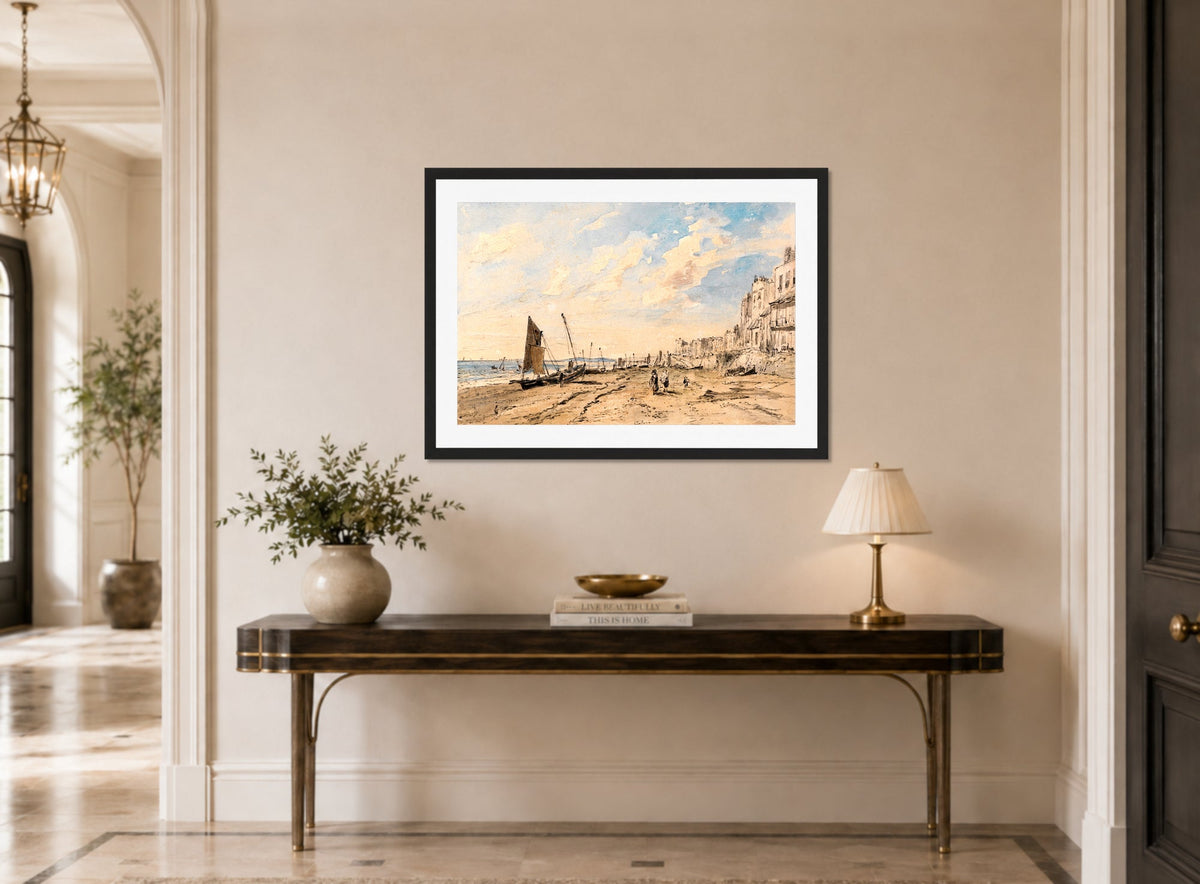 John Constable Print, Brighton Beach Looking West displayed above a console table