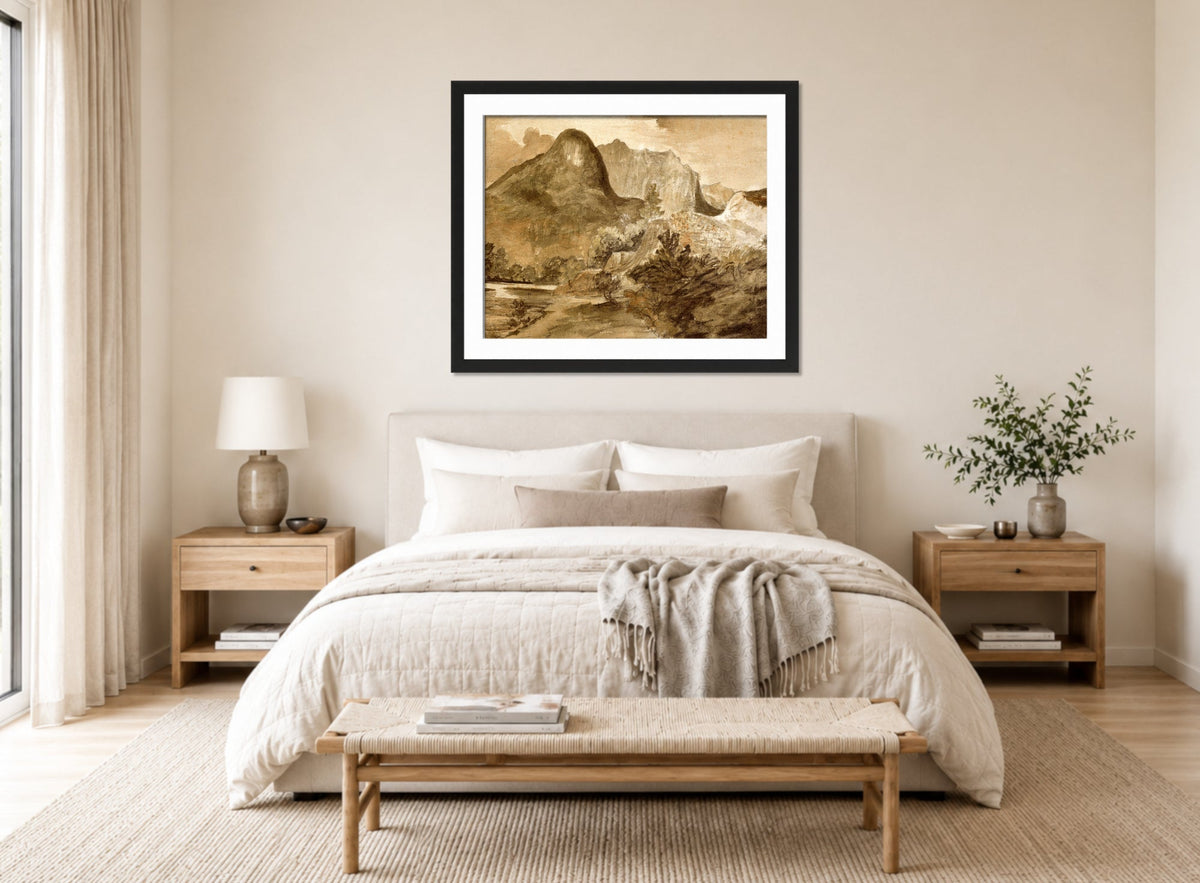 John Constable Print, Castle Crag, Borrowdale (1806) displayed above a bed