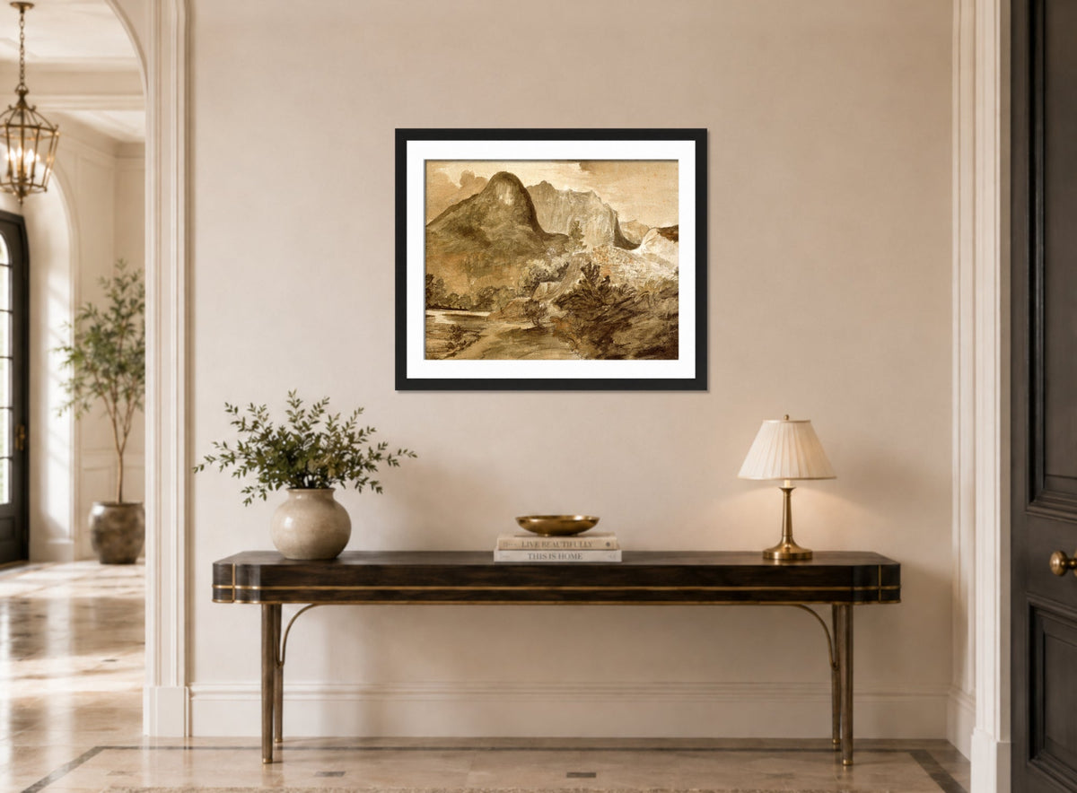 John Constable Print, Castle Crag, Borrowdale (1806) displayed above a console table