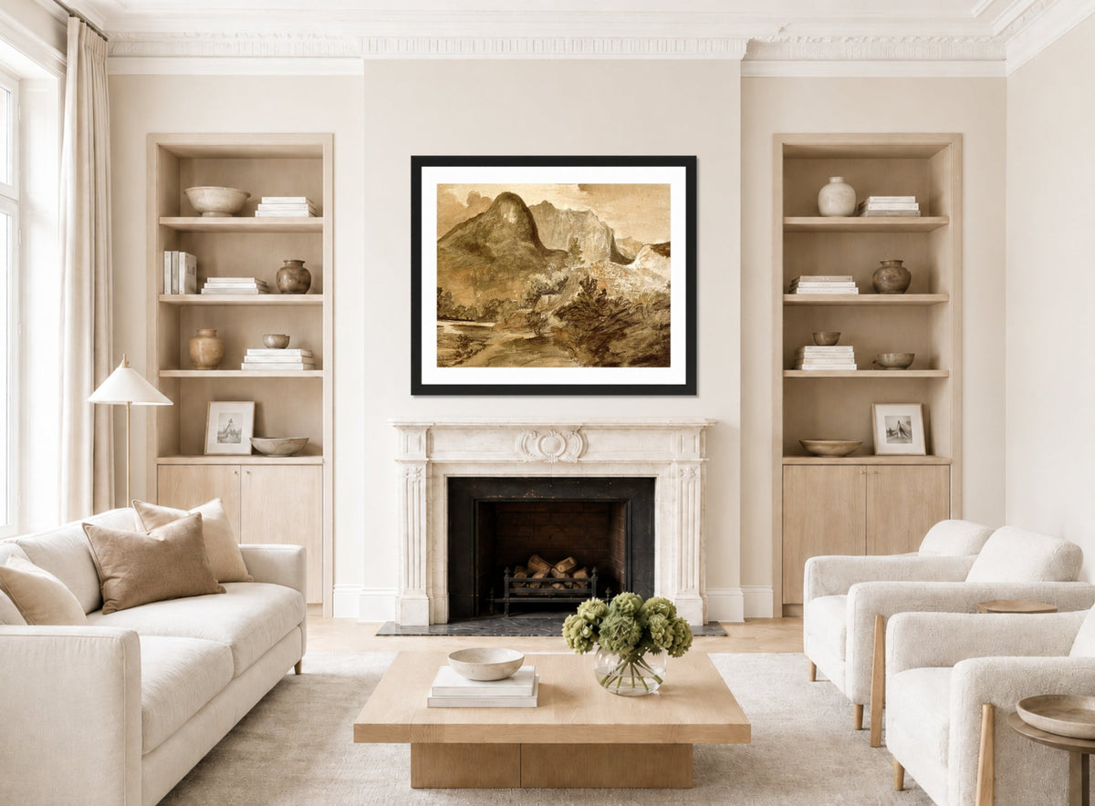 John Constable Print, Castle Crag, Borrowdale (1806) displayed in a Scandinavian living room