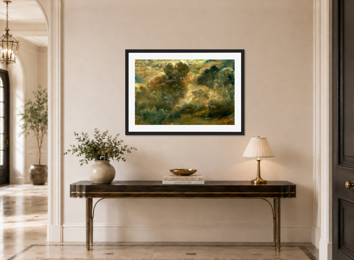 John Constable Print, Cloud Study (1822) displayed above a console table
