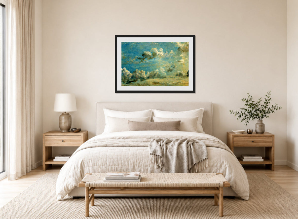 John Constable Print, Cloud Study displayed above a bed