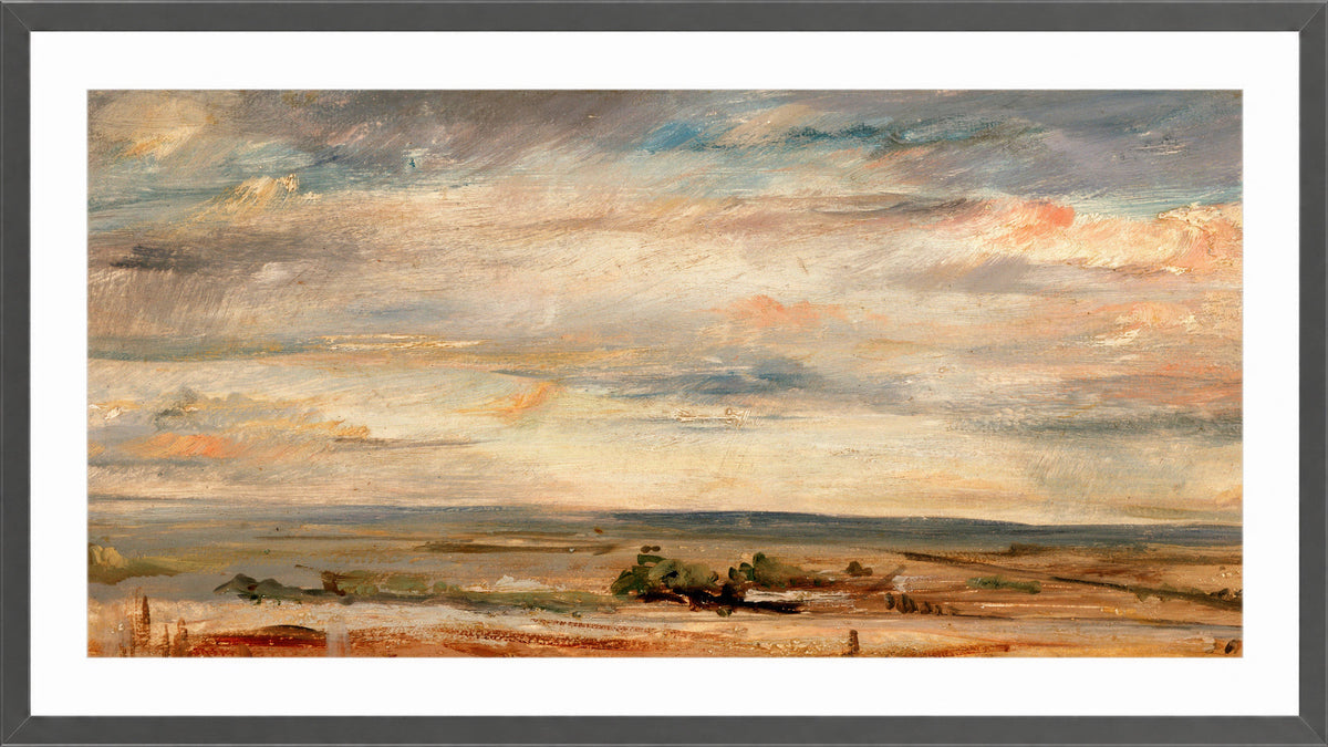 John Constable Print, Cloud Study, Early Morning, Looking East from Hampstead (1821) in a dark grey frame