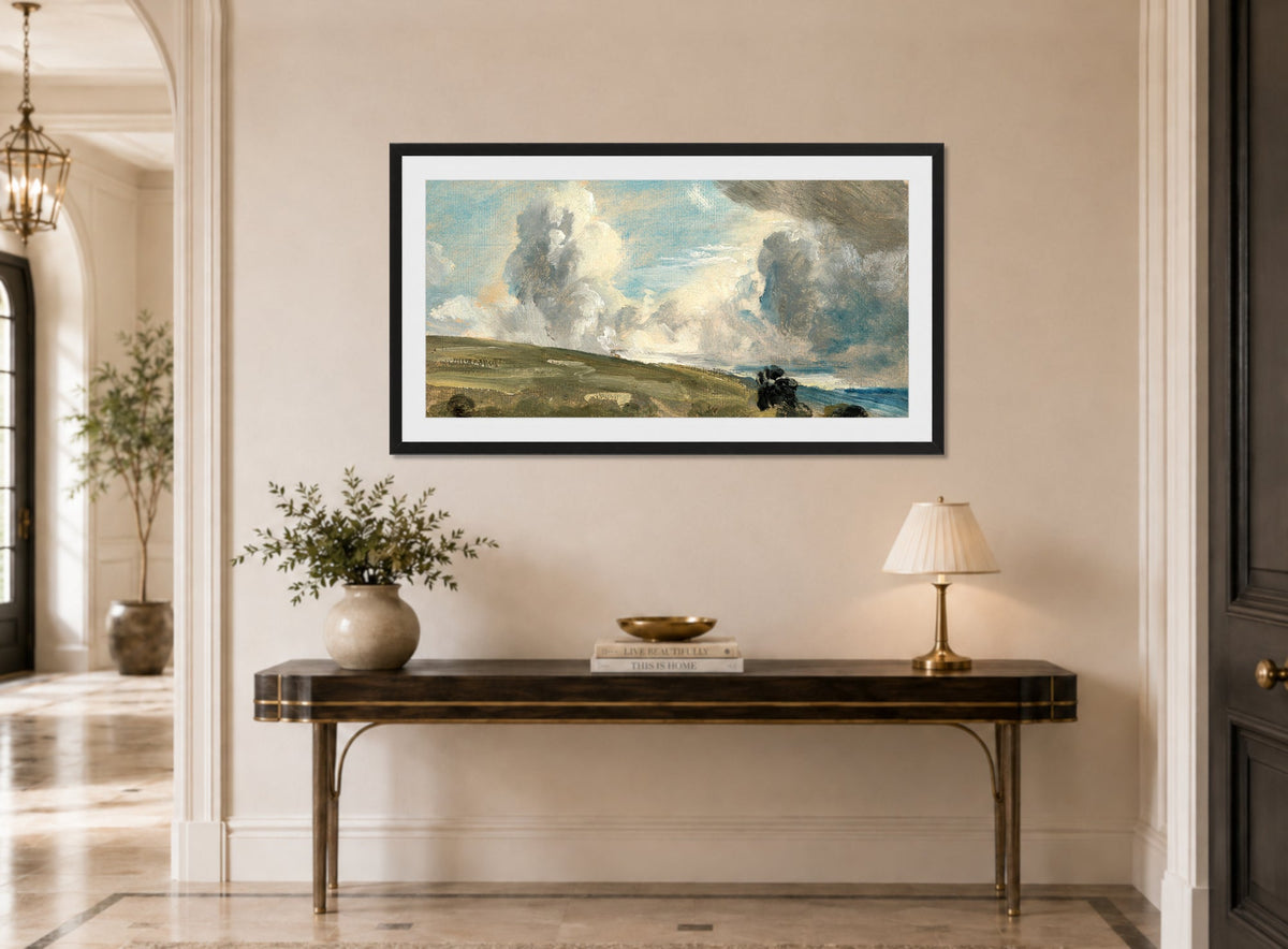 John Constable Print, Cloud Study, possibly over Harnham Ridge displayed above a console table