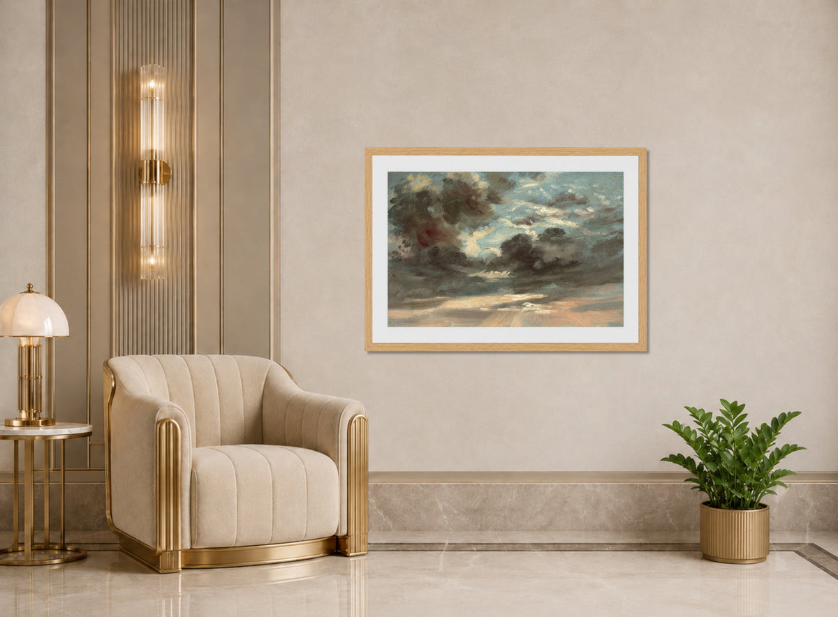John Constable Print, Cloud Study – Stormy Sunset (1821-1822) displayed in an Art Deco interior