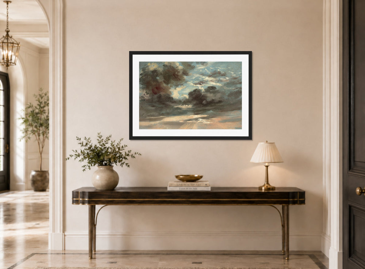 John Constable Print, Cloud Study – Stormy Sunset (1821-1822) displayed above a console table