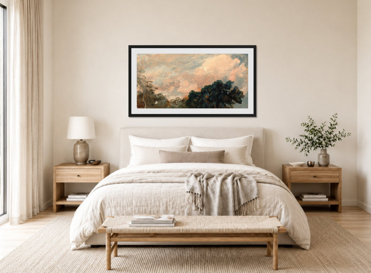John Constable Print, Cloud Study with Trees (1821) displayed above a bed