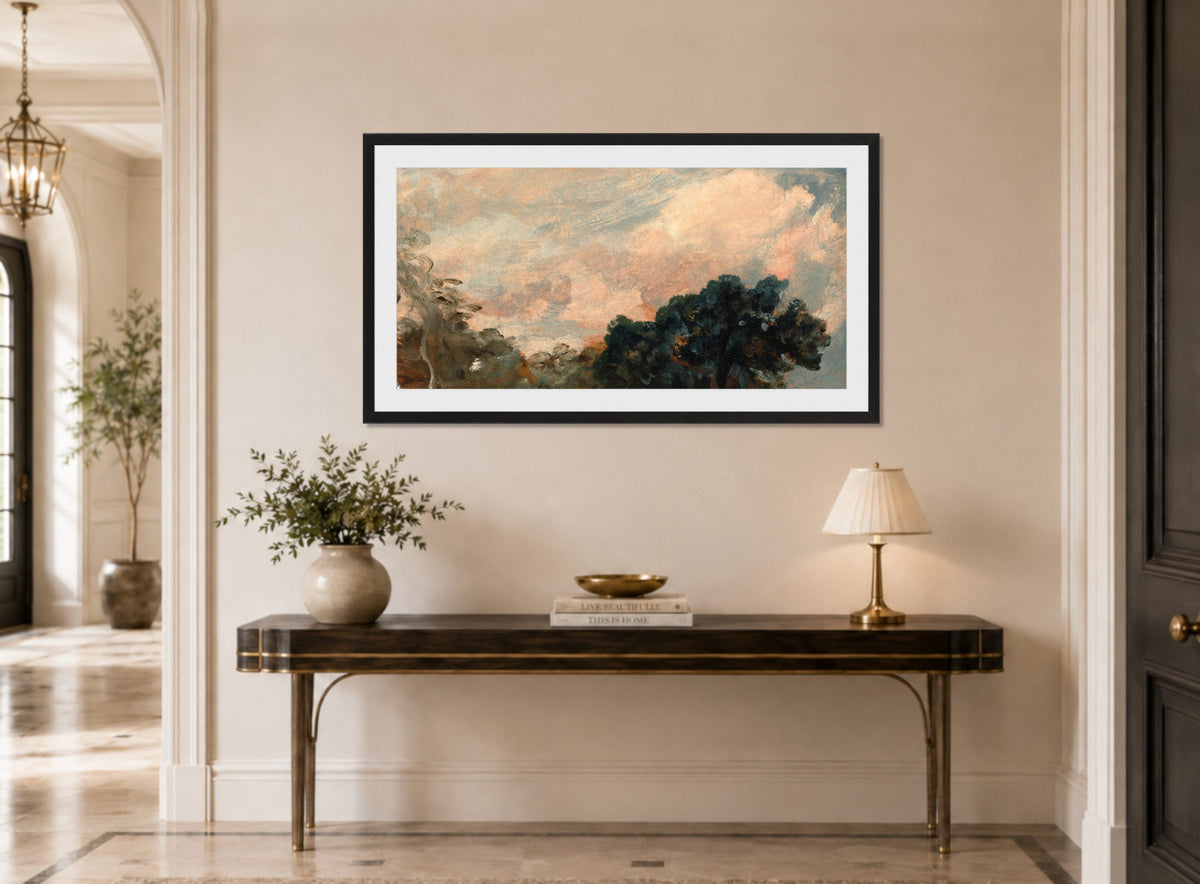 John Constable Print, Cloud Study with Trees (1821) displayed above a console table