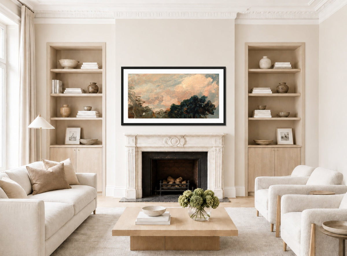 John Constable Print, Cloud Study with Trees (1821) displayed in a Scandinavian living room