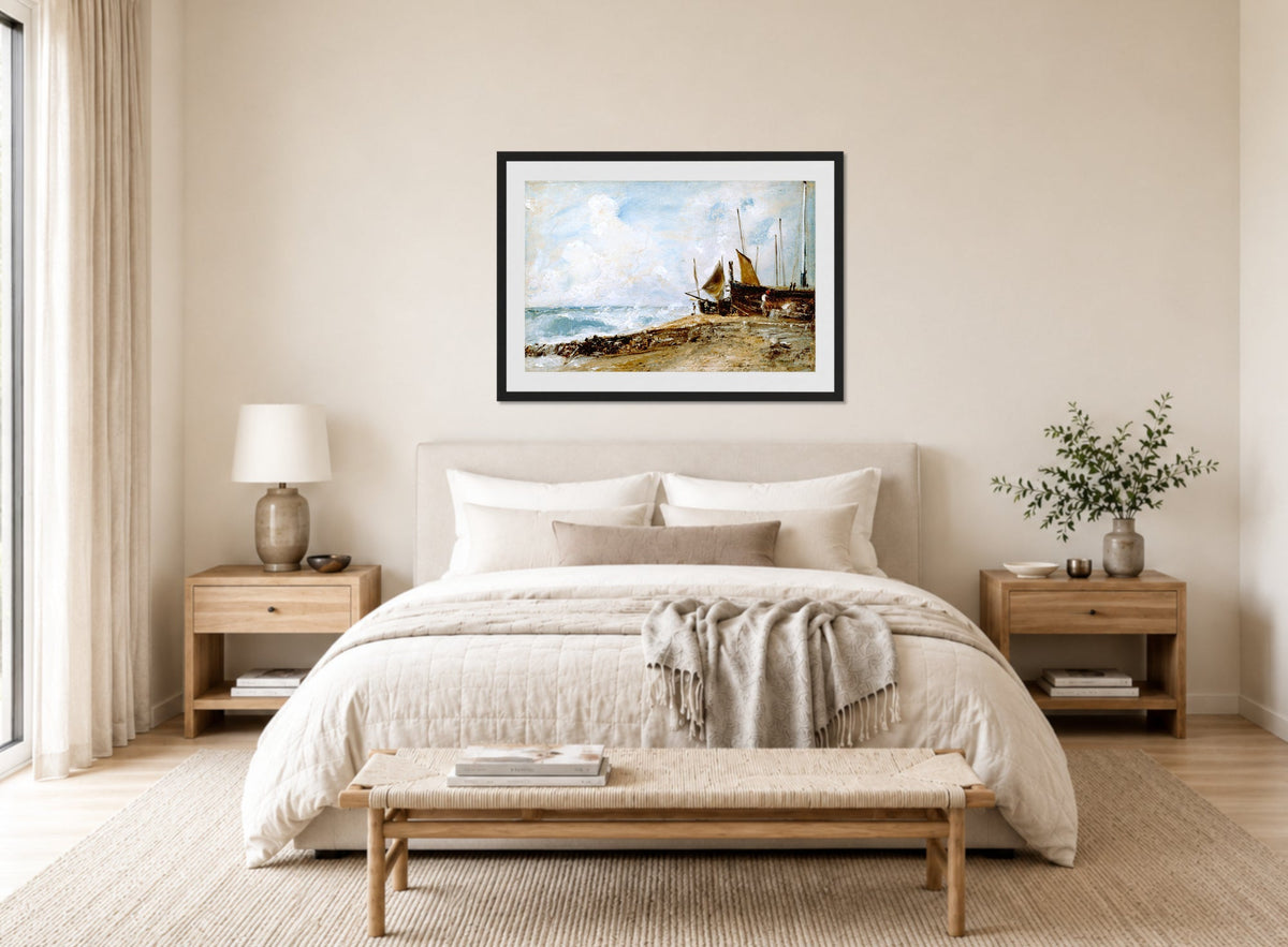 John Constable Print, Coast Scene Near Brighton (1824-1828) displayed above a bed