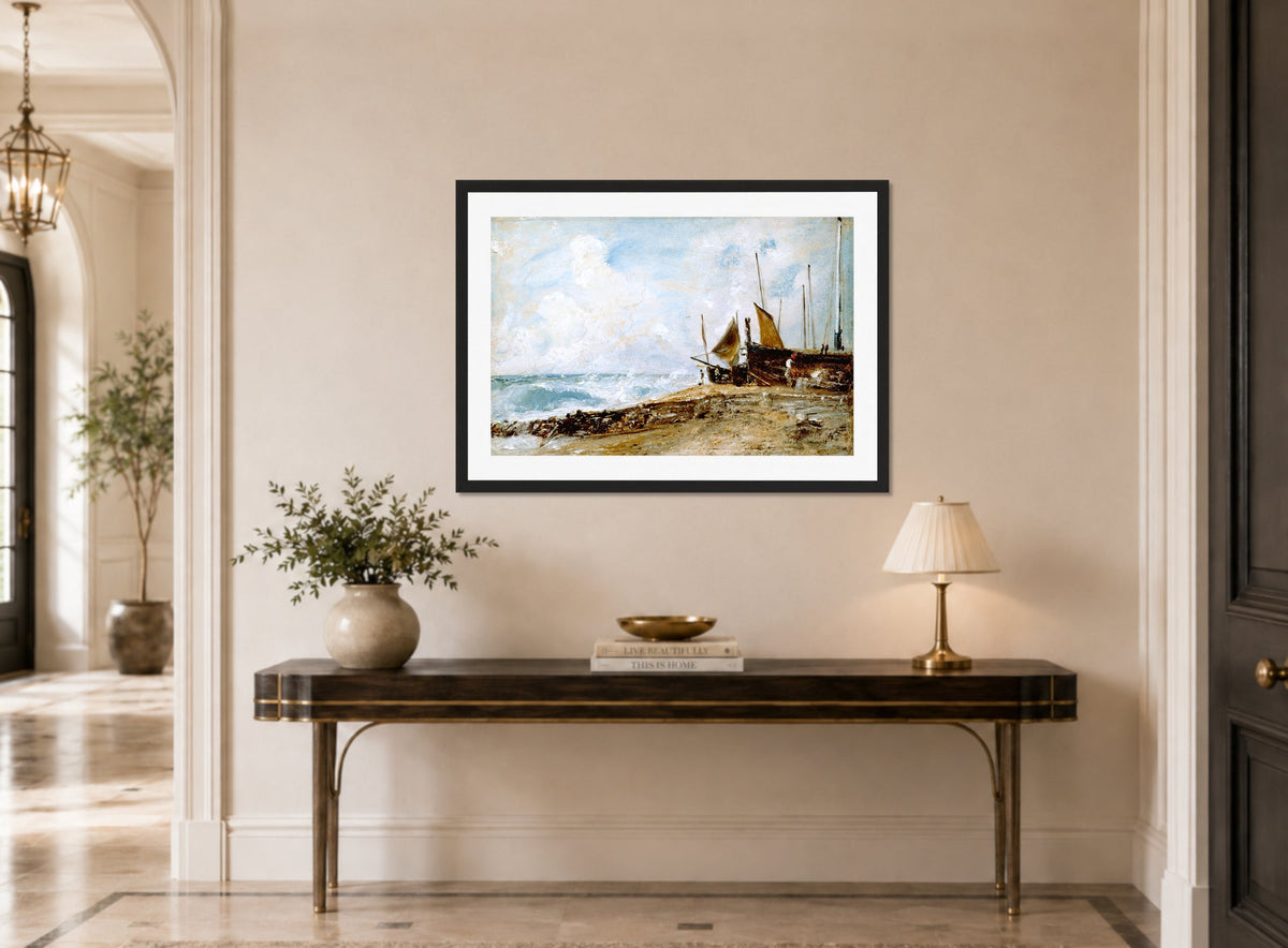 John Constable Print, Coast Scene Near Brighton (1824-1828) displayed above a console table