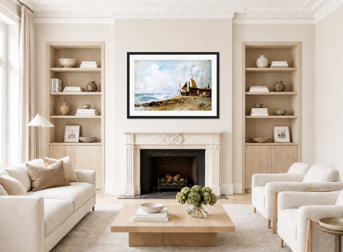 John Constable Print, Coast Scene Near Brighton (1824-1828) displayed in a Scandinavian living room