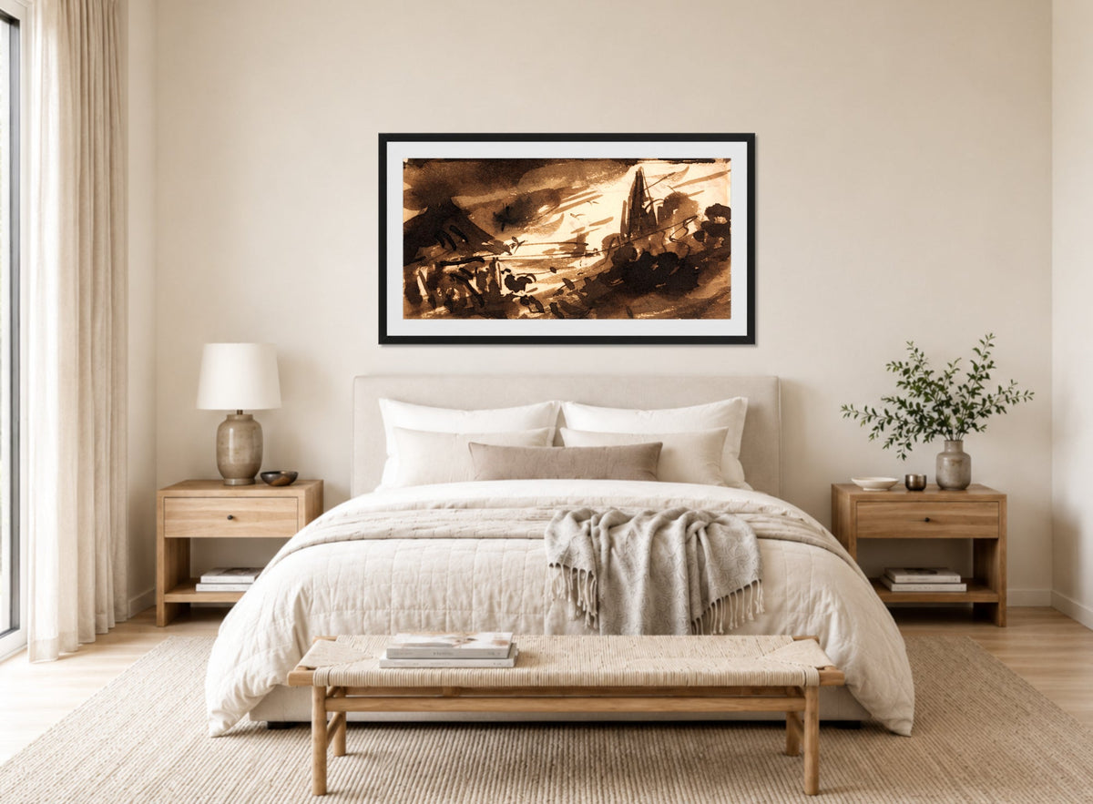 John Constable Print, Dawn (between 1831 and 1832) displayed above a bed