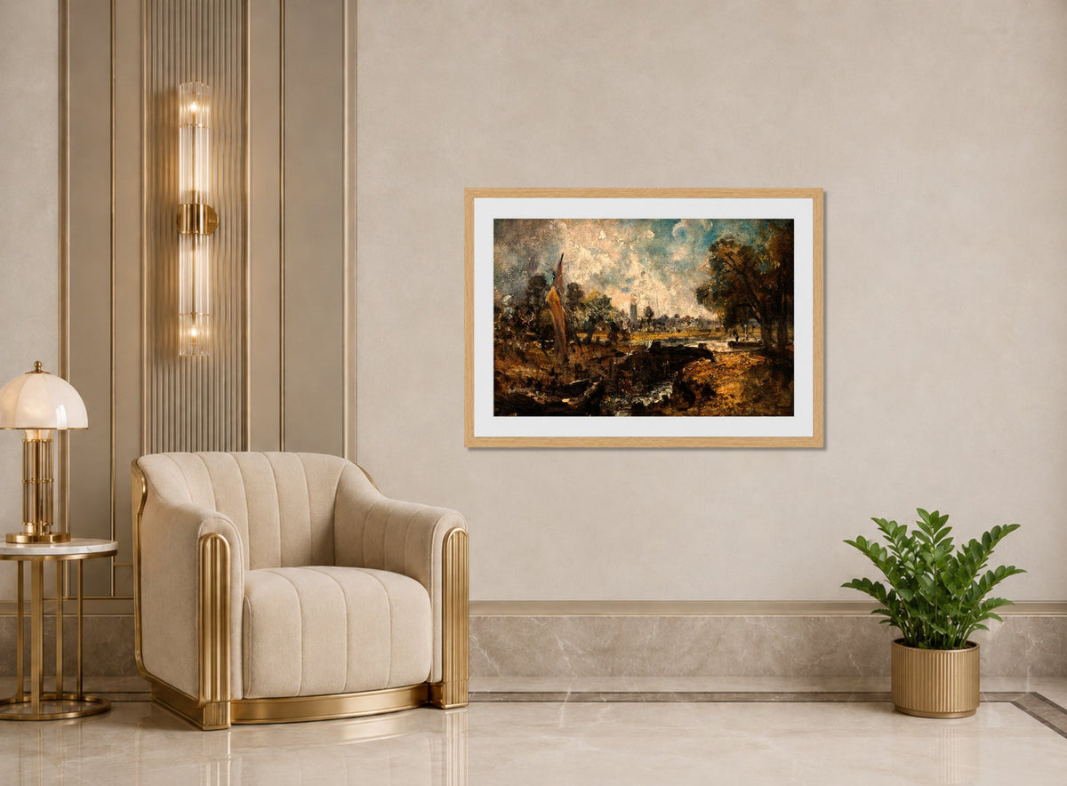 John Constable Print, Dedham Lock (1819 to 1820) displayed in an Art Deco interior