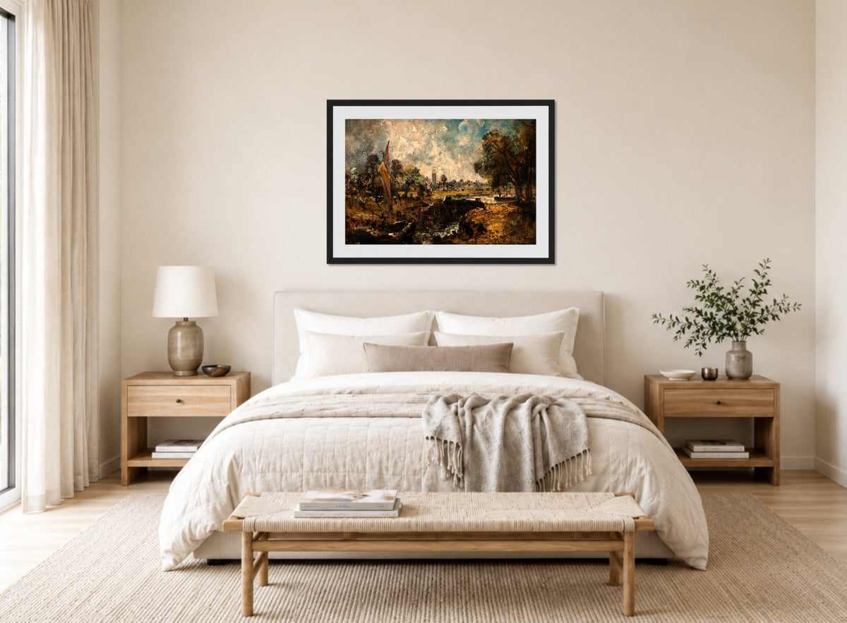 John Constable Print, Dedham Lock (1819 to 1820) displayed above a bed