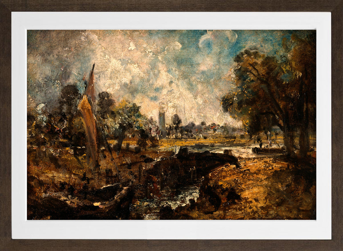 John Constable Print, Dedham Lock (1819 to 1820) in a brown frame