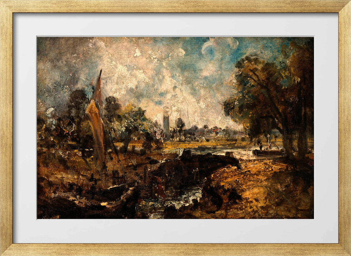 John Constable Print, Dedham Lock (1819 to 1820) in a gold frame