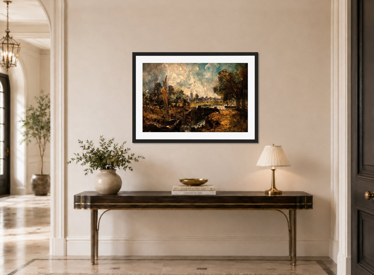 John Constable Print, Dedham Lock (1819 to 1820) displayed above a console table